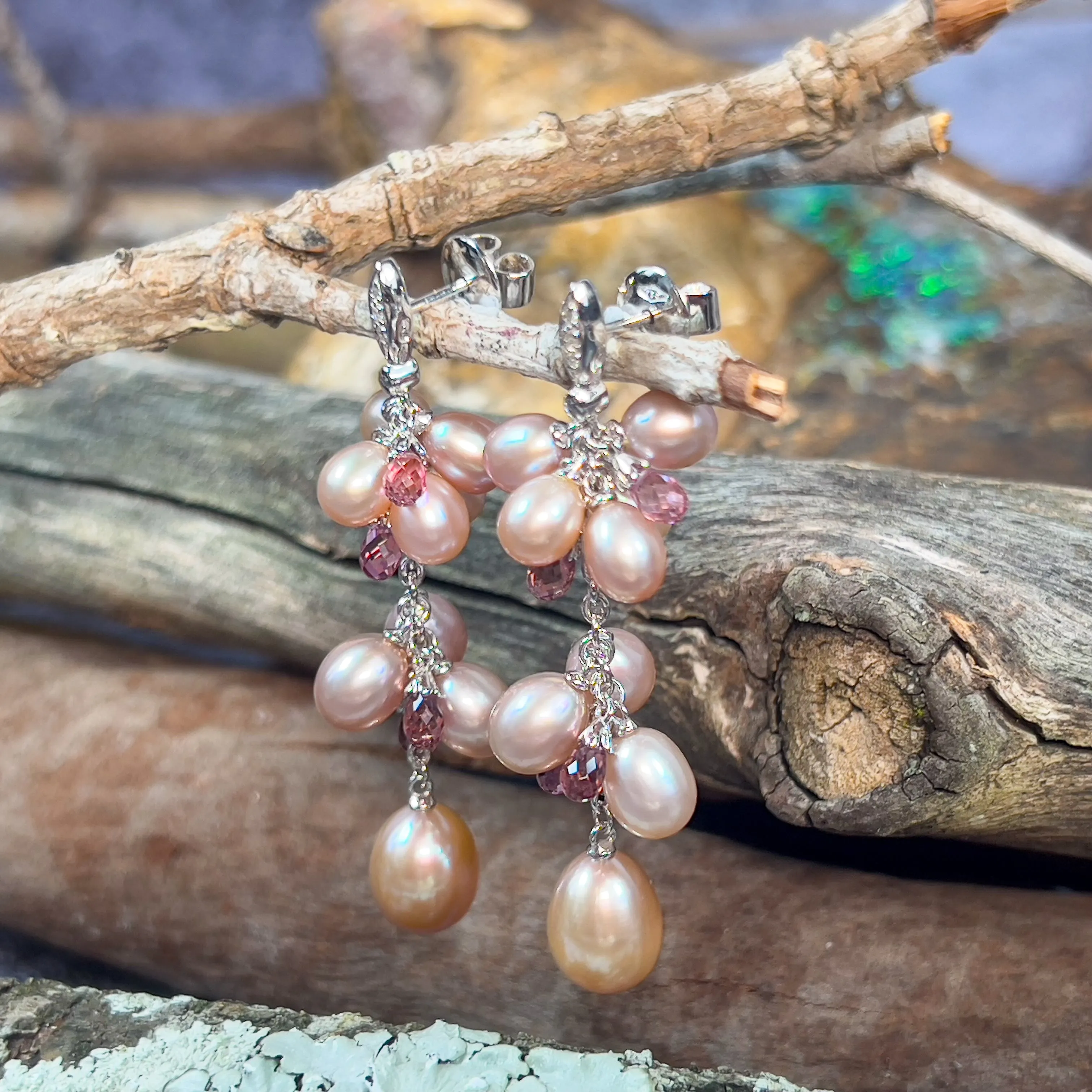 18kt White Gold Pearl, Diamond, Pink Sapphire dangling earrings