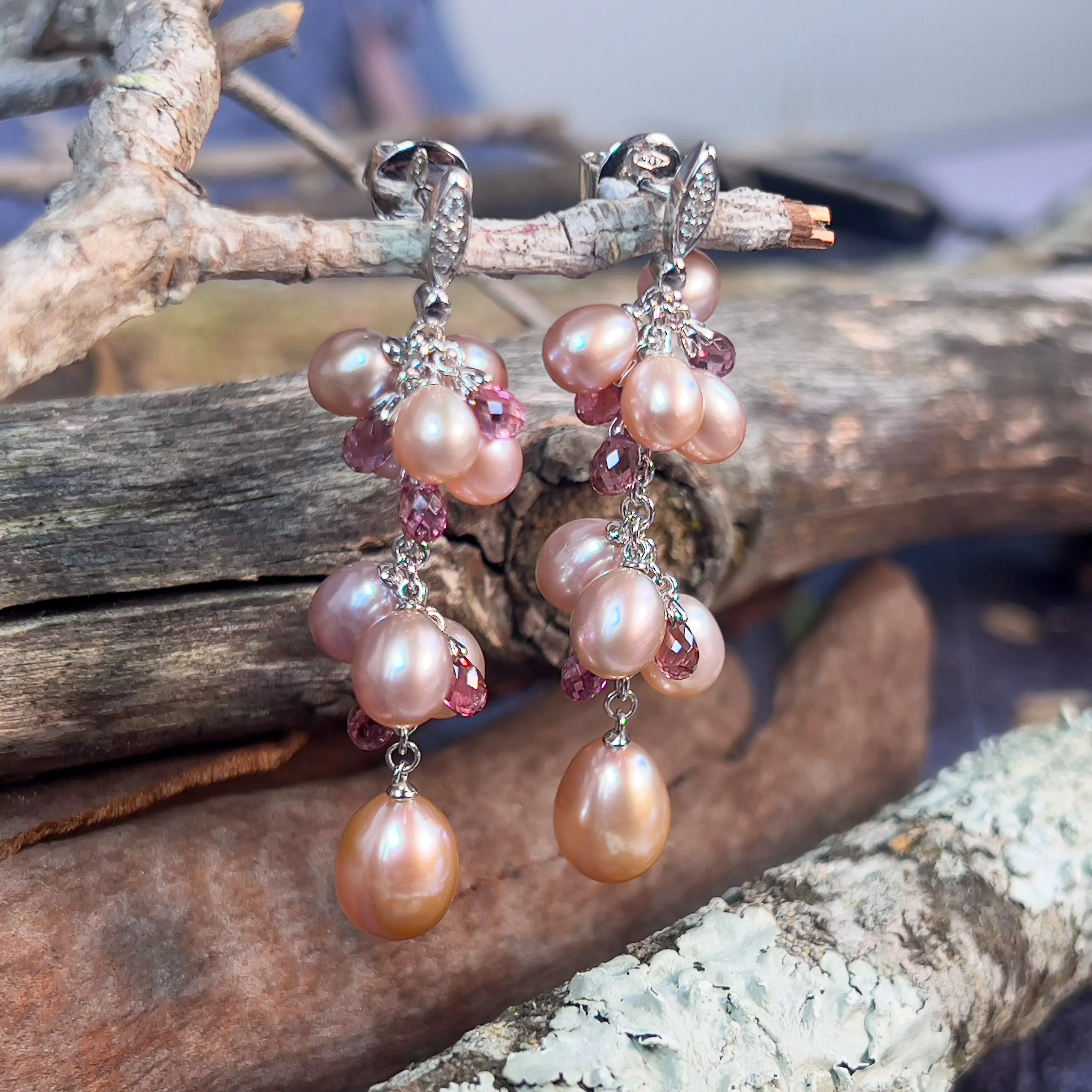 18kt White Gold Pearl, Diamond, Pink Sapphire dangling earrings