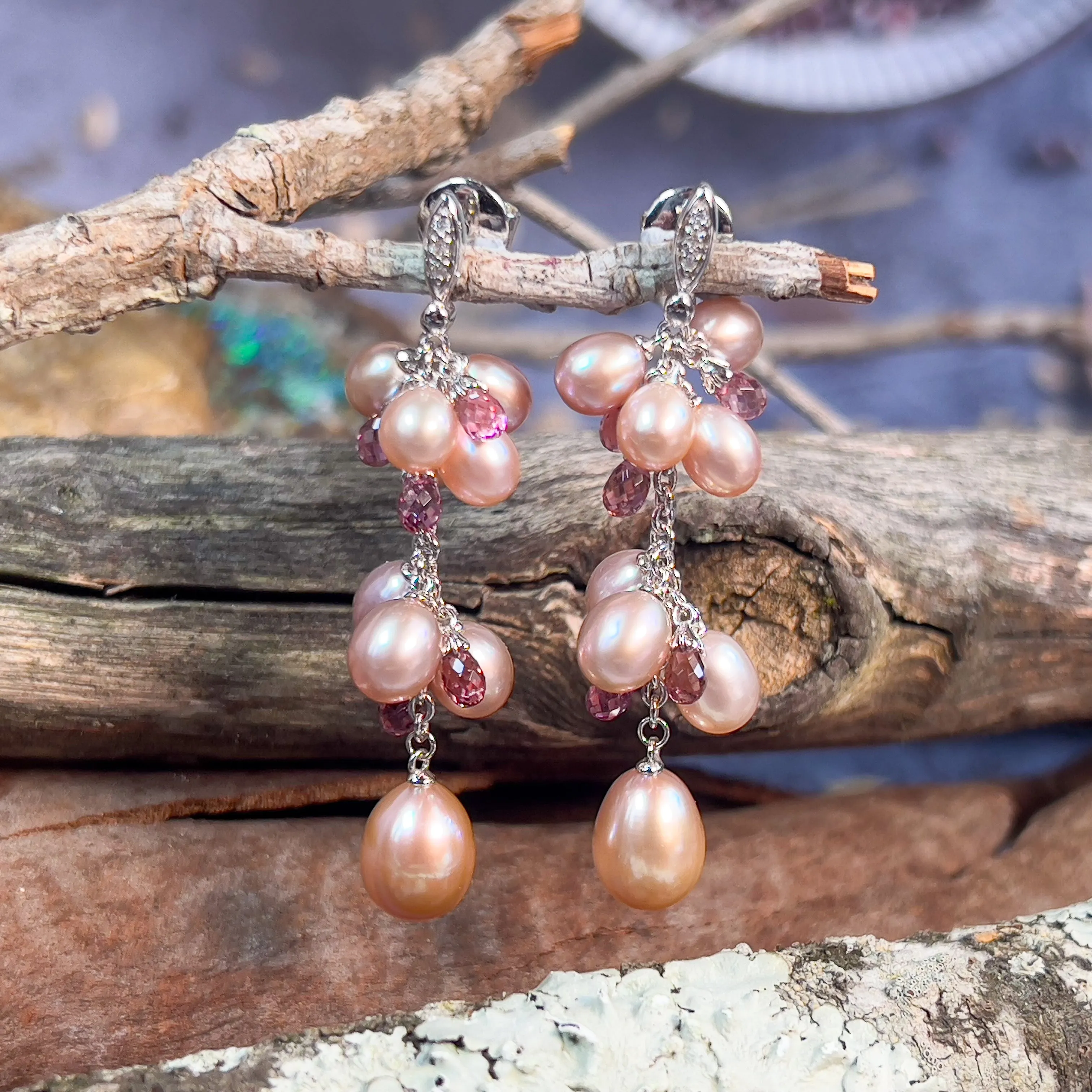 18kt White Gold Pearl, Diamond, Pink Sapphire dangling earrings