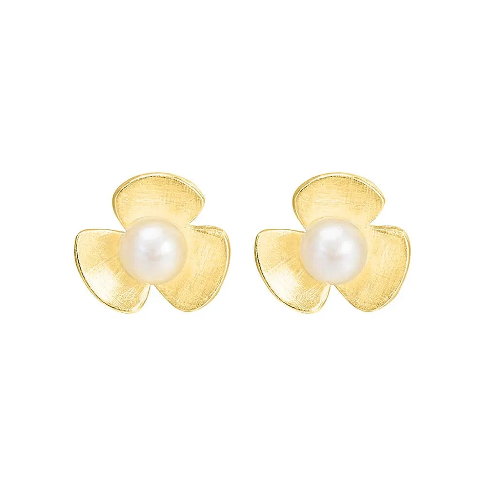 925 Silver Three Petal Flower Pearl Earrings