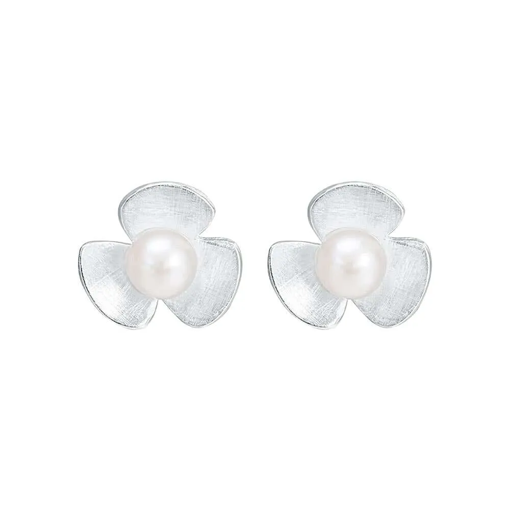 925 Silver Three Petal Flower Pearl Earrings