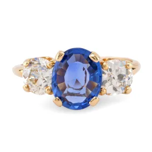 Antique GIA 2.04 Carat No Heat Sapphire Diamond 18K Yellow Gold Three Stone Ring