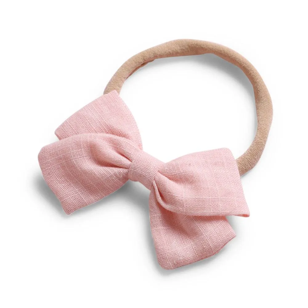 Baby Linen Bow Headband — Peach