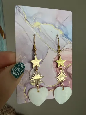 Celestial Handmade Gold Drop Earrings with Stars and Natural Shell Hearts