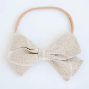 Classic Hair Bow Clip Or Headband / Natural Linen Window Pane