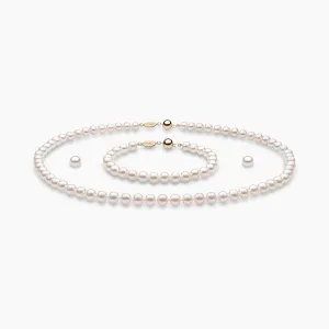 Classic White Freshwater Pearl Necklace, Bracelet & Earring Set in 18k Gold