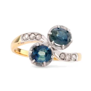 Edwardian Sapphire Diamond 18K Yellow Gold Toi Et Moi Ring