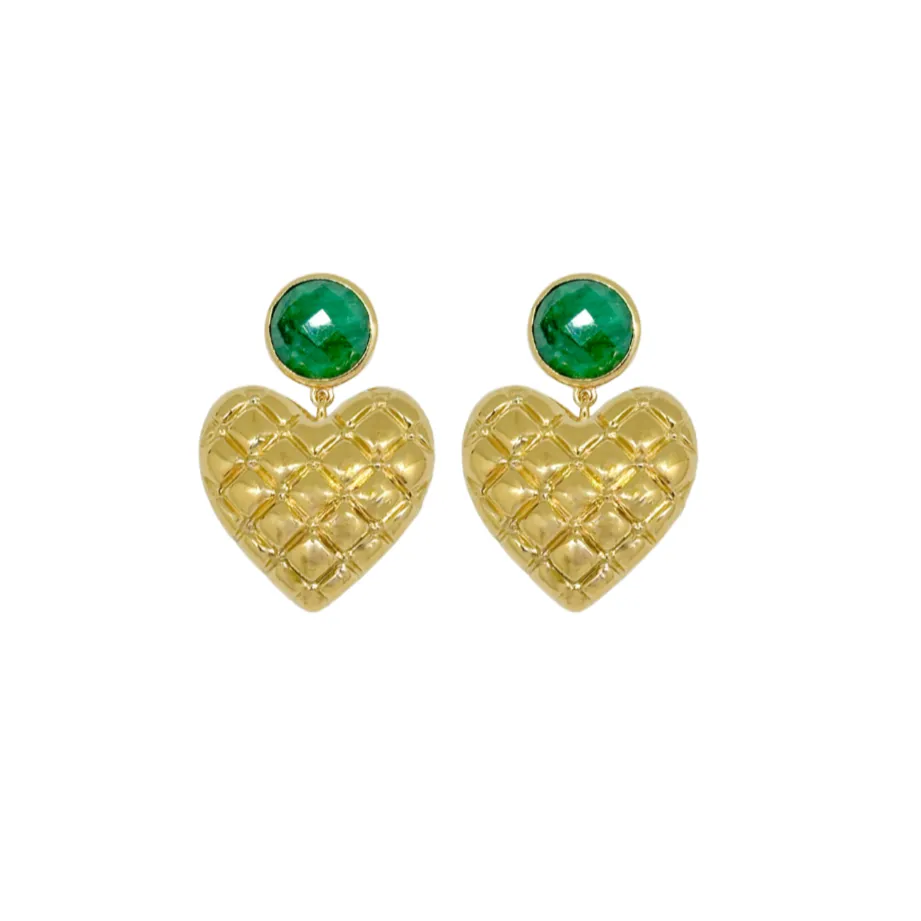 Elizabeth Emerald & Quilted Gold Heart Earring