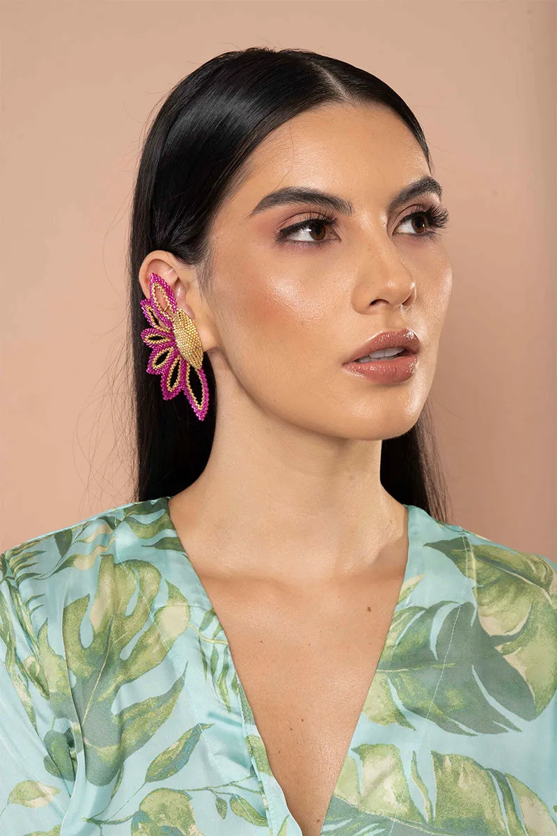 Half Petal Shaped Pink and Gold Beaded Earrings