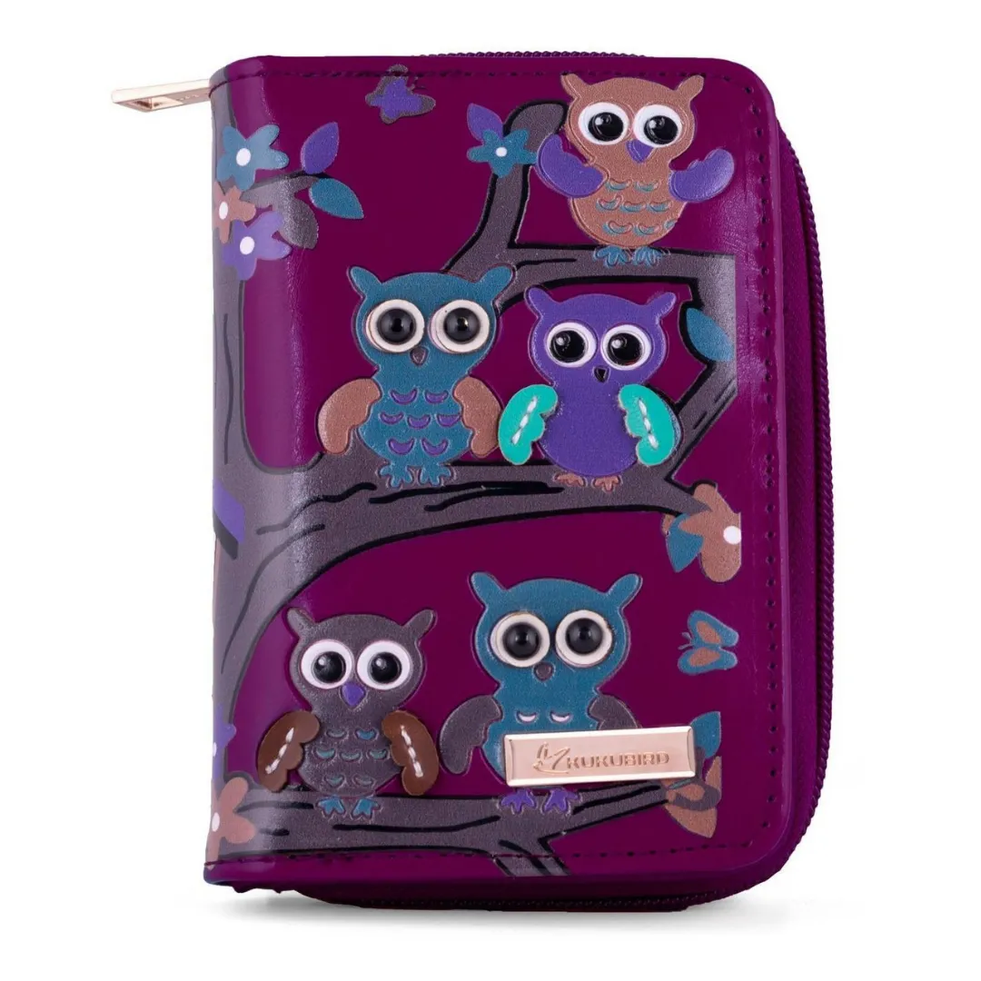 Kukubird Medium Purse Owl's in Tree - Purple