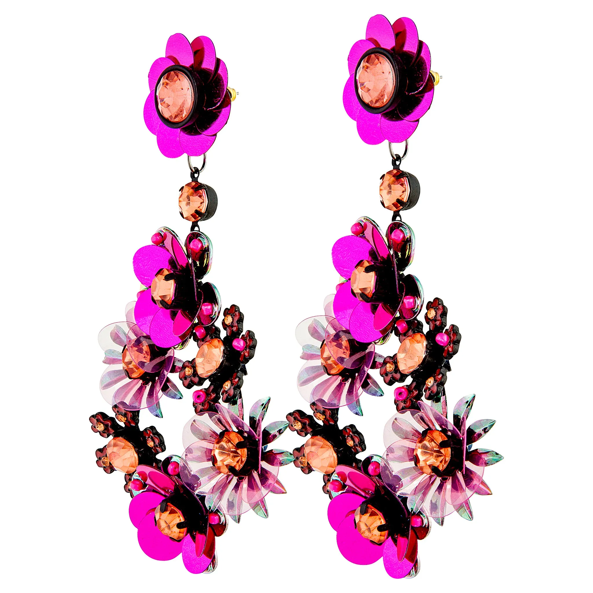 Purple Gunmetal Sequin Flower Statement Earrings