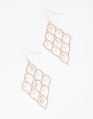 Rose Gold Diamond Cut Out Pearl Drop Earrings