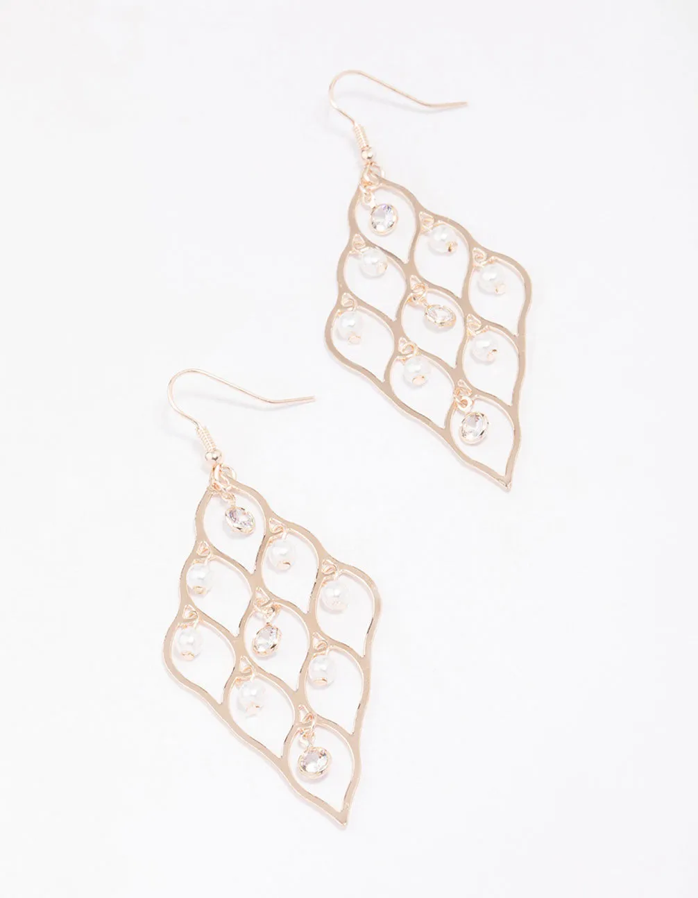 Rose Gold Diamond Cut Out Pearl Drop Earrings