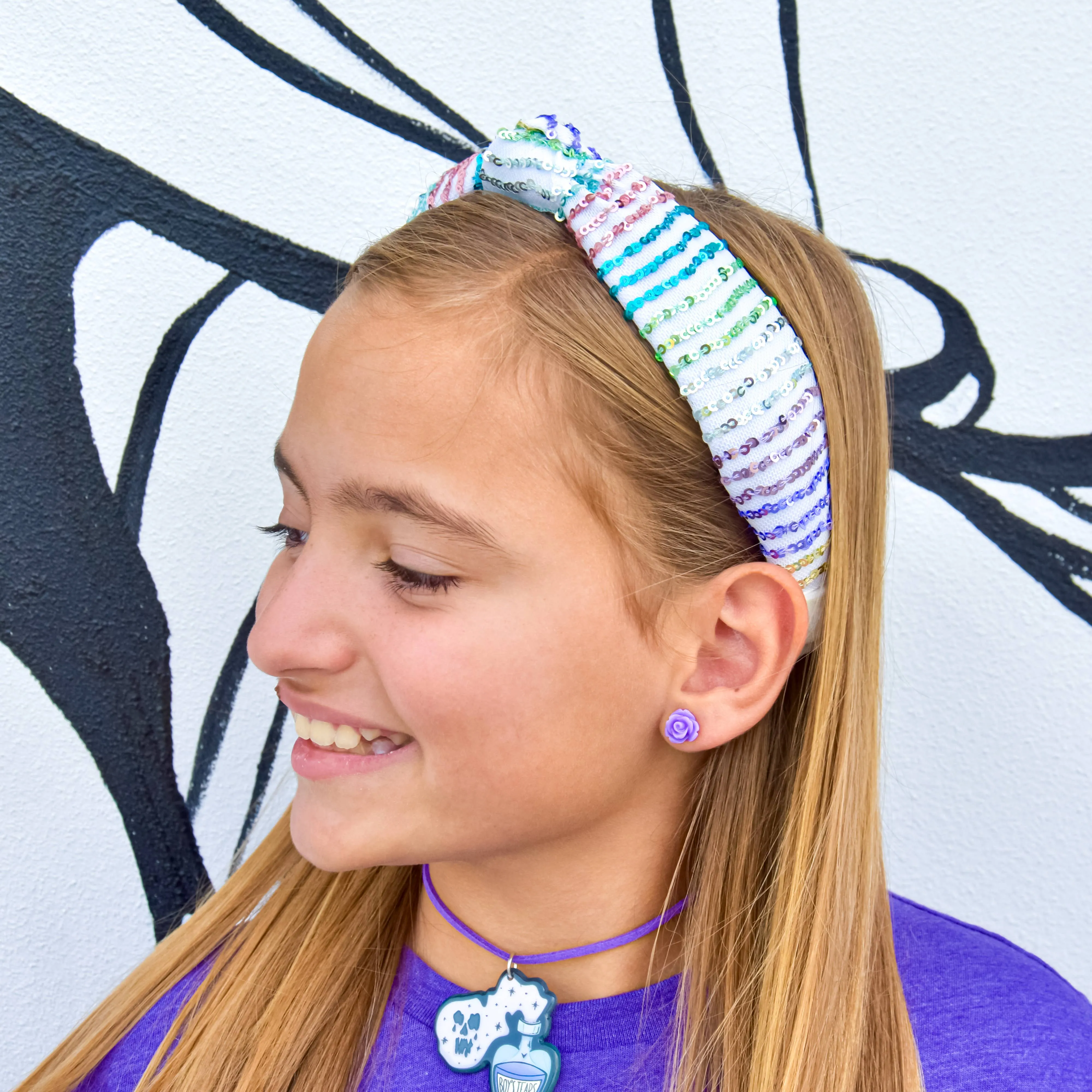 Sequin Knot Headband - White Rainbow