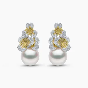 Sunrise 18K Gold Pearl and Diamond Floral Motif Earrings