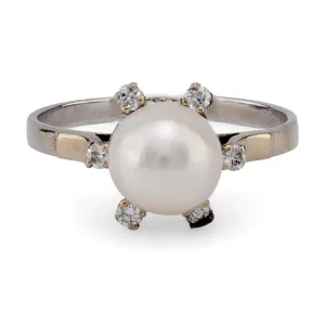 Vintage French Pearl Diamond 18K White Gold Solitaire Ring