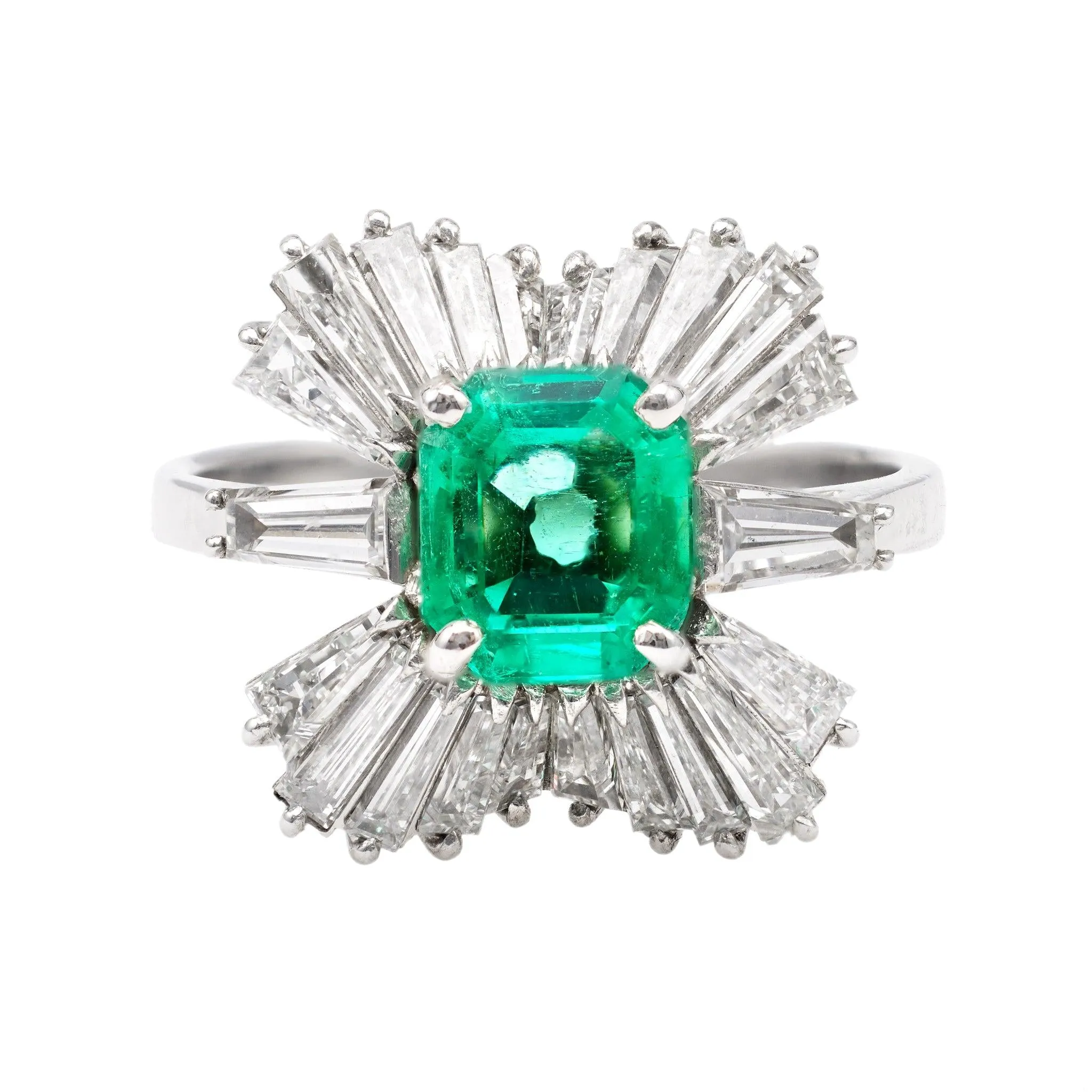 Vintage GIA Colombian Emerald Diamond Platinum Ballerina Cocktail Ring