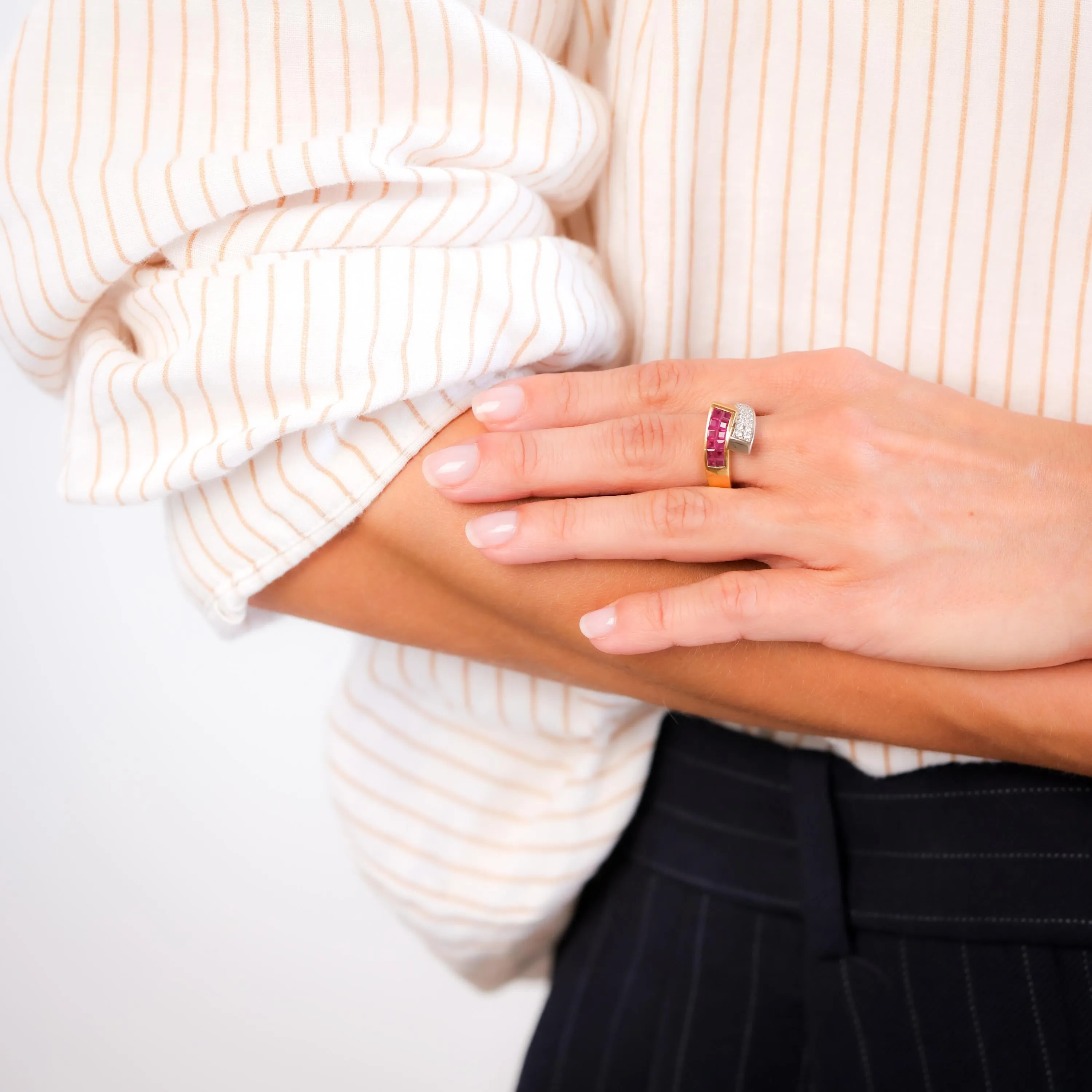 Vintage Ruby Diamond 18K White and Yellow Gold Bypass Ring