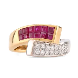 Vintage Ruby Diamond 18K White and Yellow Gold Bypass Ring